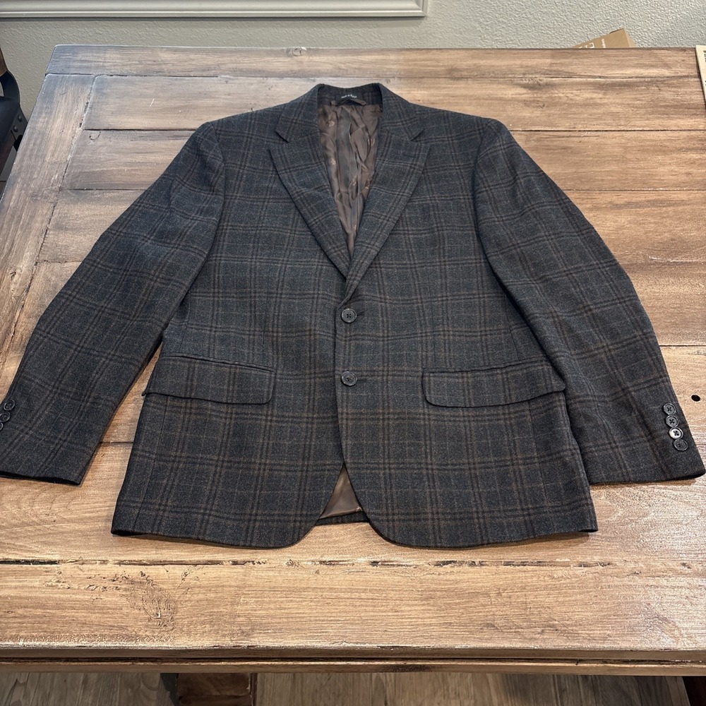 Lauren Ralph Lauren Blazer Mens 38S Gray Brown Plaid‎ Wool/ Poly